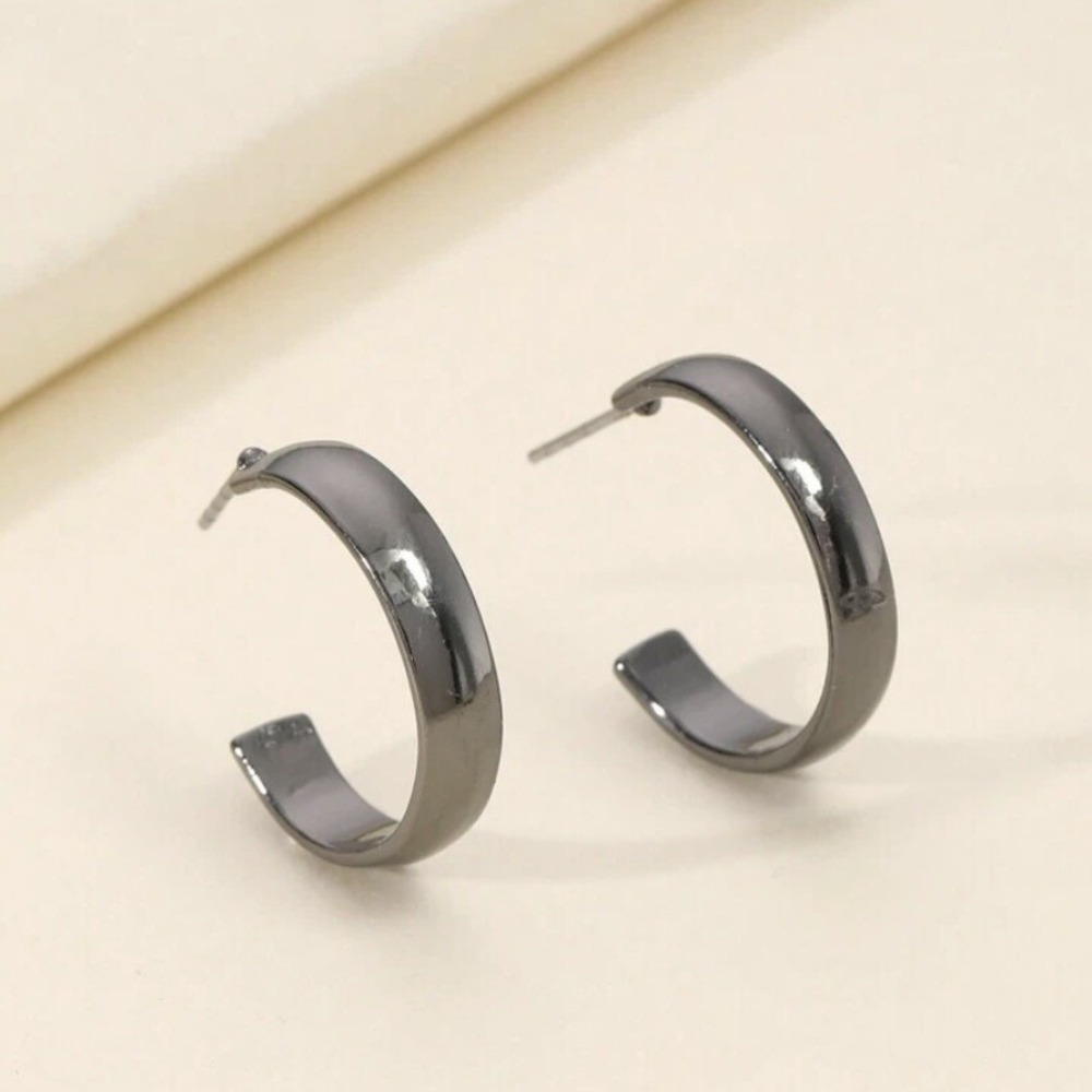 Synthetic Alloy Iron Gun Black Open Hoop Earrings New Stainless Steel Post Nice